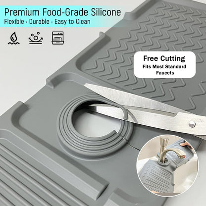 17.3" Silicone Faucet Mat for Kitchen Sink, Splash Guard with 2 Cleaning Brushes, Anti-Slip Suction Cups, 10° Slope Fast-Drain Countertop Protector, Grey
