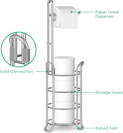 TomCare Toilet Paper Holder Free Standing with Shelf, Stable 4 Raised Feet | Stores 4 Mega Rolls, Tool-Free Assembly, Powder-Coated Metal Frame, Bathroom Storage Organizer for Spare Rolls, Silver