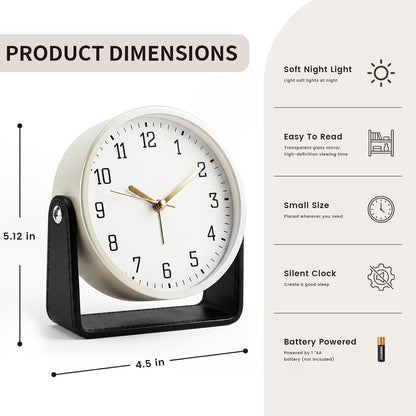 Analog Alarm Clock - 4.5" Silent Non Ticking Small Clock with Light, Rotatable Stand Metal Desk Clock Battery Operated, Simple Design for Living Room Decor/ Bedroom/Bedside/Shelf (Black & White)