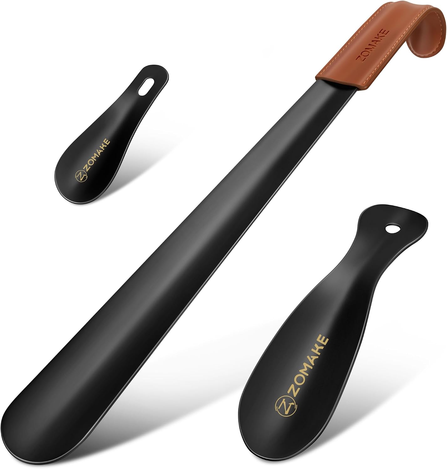 ZOMAKE Shoe Horn Long Handle for Seniors Men Women, Metal Long Shoehorn 3Pk | 16.5" Stainless Steel Boot Horn, 7.5"&3.9" Travel Small Shoe Spoon Helper, Comfort Grip, No Bending Over, Shoe Protection