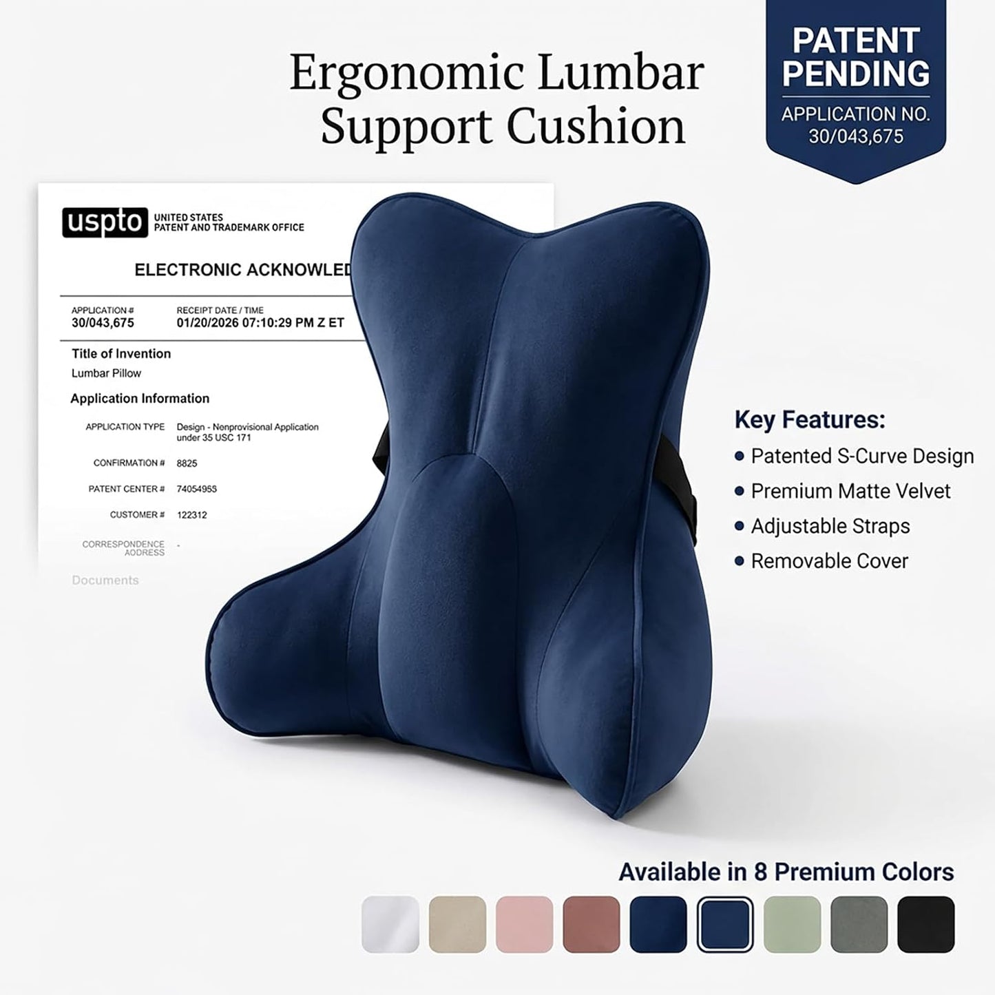Lumbar Support Pillow(Pat. Pend) – Multi-Functional Ergonomic Back Cushion for Sofa Chair, Car Seat & Sofa, Reading Pillow with Firm Multi-Zone Support to Relieve Lower Back Pain, Misty White