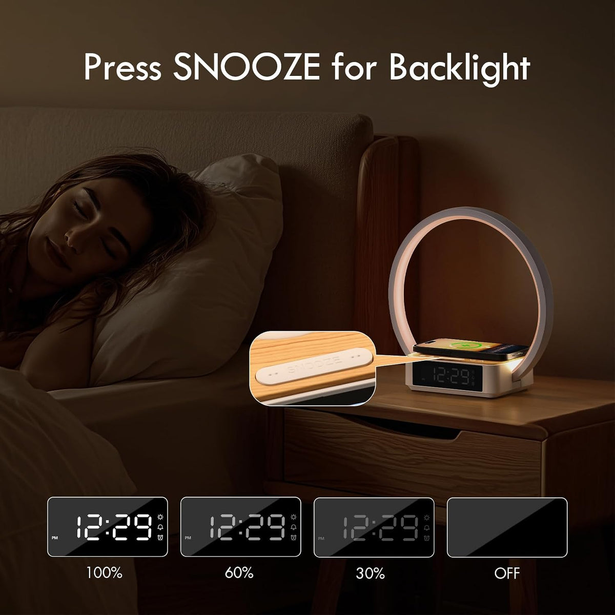 WILIT Bedside Lamp with Alarm Clock, Sunrise Wake-up Light, Wood Grain