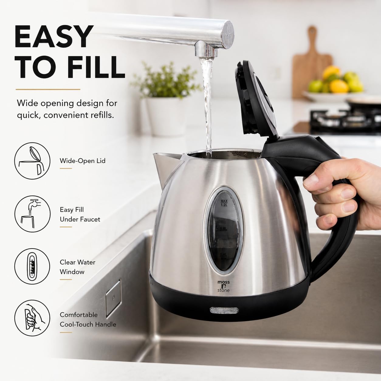 Moss & Stone Red Stainless Steel Electric Kettle, 1.2L Cordless 1500W | Small, portable hot water tea kettle, fast boiling pot, boil-dry protection, auto shut-off, blue Illuminate LED light