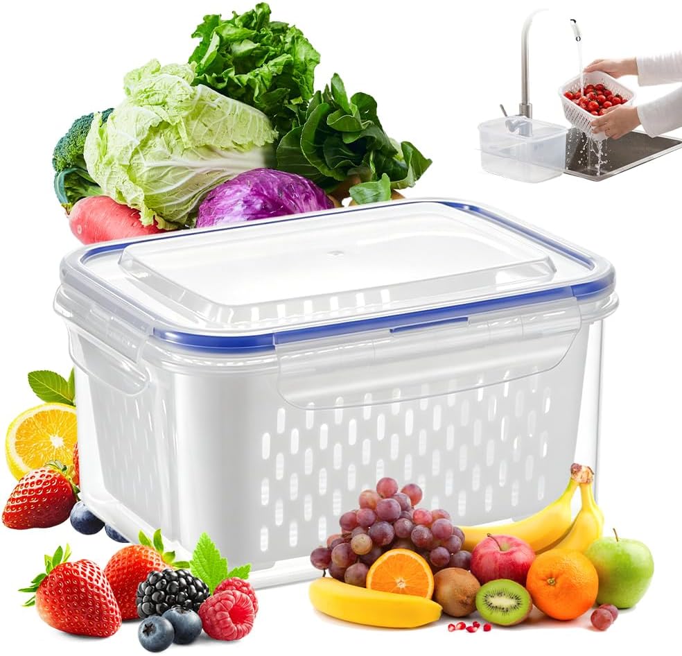 Fruit Storage Containers for Fridge, 2026 New Airtight Produce Storage Containers with Lids, Stackable Refrigerator Organizer Bins for Berries, Vegetables, Lettuce, Grapes (Blue, Small)