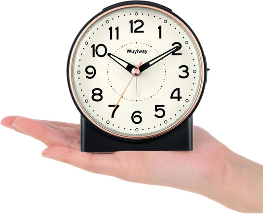 4" Battery Operated Retro Analog Alarm Clock,Vintage Decor for Bedroom, Nightstand, Bedside, Desk,Table,Easy Setup, Silent Non Ticking, Lighted on Demand and Snooze，Black