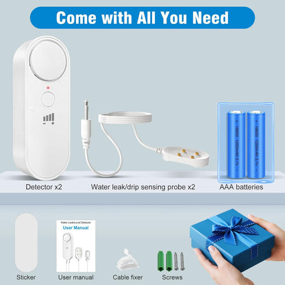 Water Leak Detectors 2 Pack, 100 dB Sump Pump Alarm, 78 Inch Cable | Drip and floor flood detection, high water alert for sump pits, 4 volume levels, water heater and washer areas, no WiFi