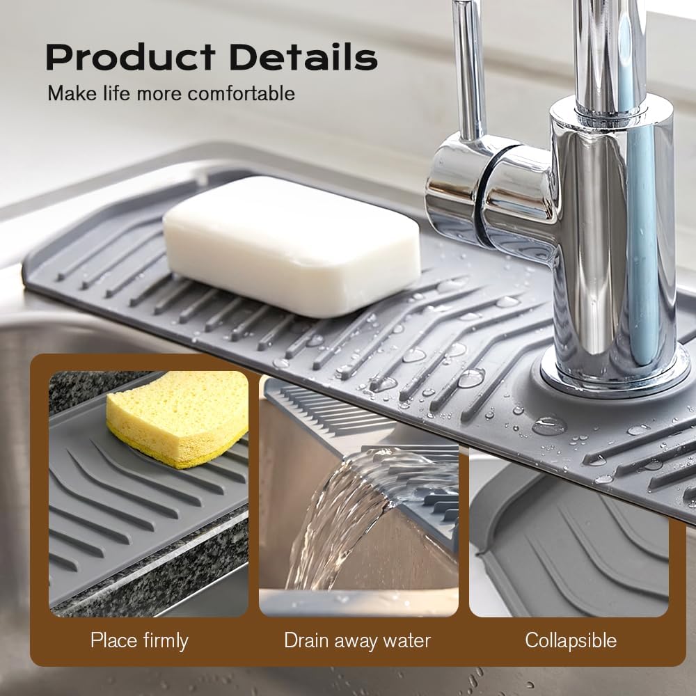 Kitchen Sink Faucet Mat, 2025 New Foldable Faucet Mat for Kitchen Sink, 30in Silicone Faucet Guard & Draining Mat Keep Countertops Dry Splash Guard (Green, 30in)
