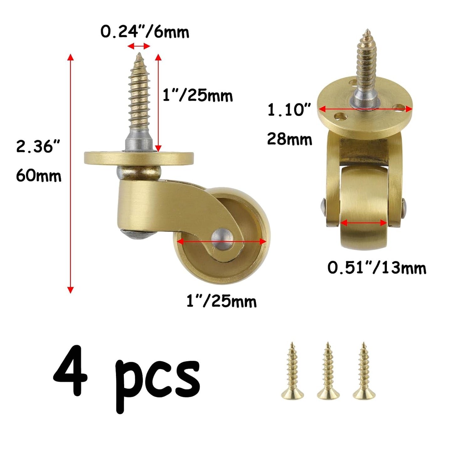 Semetall 4PCS Swivel Caster Wheels Square Cup Furniture Castors (Bronze) | 150kg Load Capacity, with Screws for Piano Feet, Sofa, Table, 1.02 Inch (26mm) Wheels
