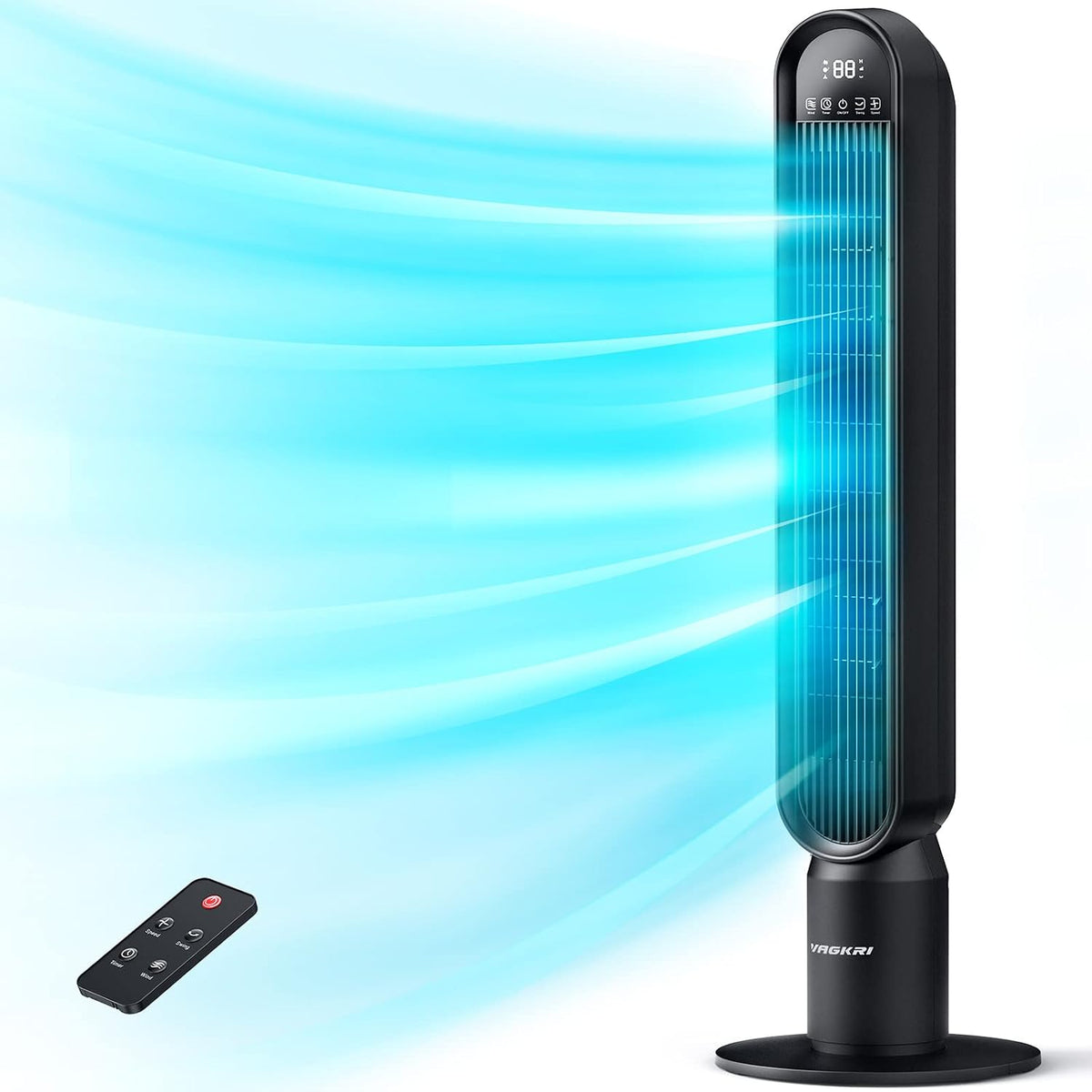 VAGKRI Tower Fan for Bedroom, 42" Quiet Floor Fan with 135° Vertical 90°Oscillation, 4 Modes, 4 Speeds, 15H Timers Standing bladeless Fans with Remote for Indoors