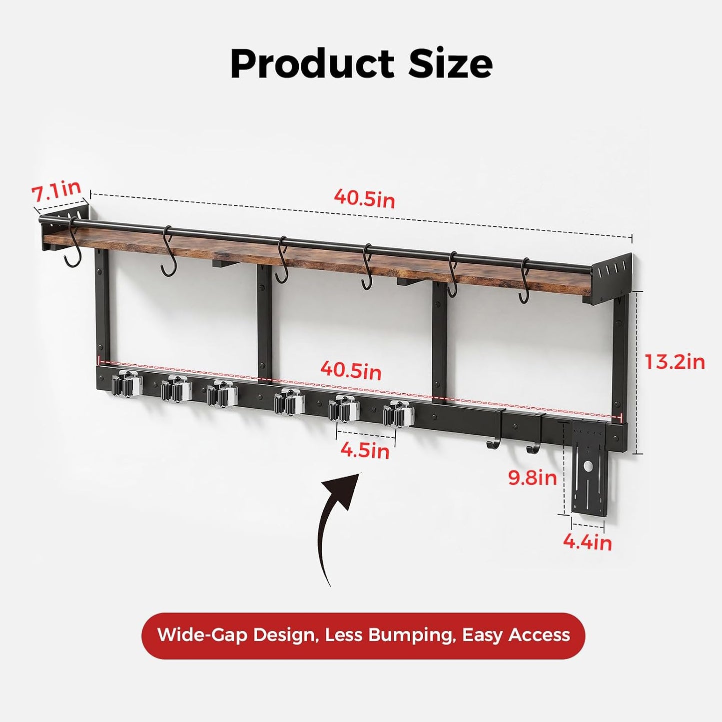 Broom Holder Wall Mount with Shelf, Black, L | 3 in 1 Broom and Mop Organizer, Wall Hanging, For Laundry, Garage, Utility, Vacuum Stand Alternative