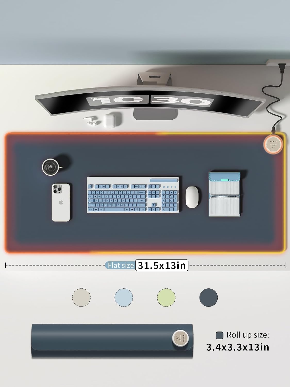 Heated Desk Pad 31.5×13 Inch - 3-Speed Touch Control Large Heated Mouse Mat with 3-Hour Auto Shut-Off, Non-Slip Silicone Eye Protection Warm Desk Mat for Office and Home (Light Gray)