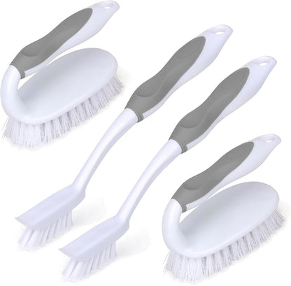 Scrub Brush Set, 4 Pack Deep Cleaning Brush Kit, Green | 2 Scrub Brush, 2 Tile & Grout Brush with Built-in Scraper, Household Commercial Scrubber for Floor, Shower, Pool Wall, Tub