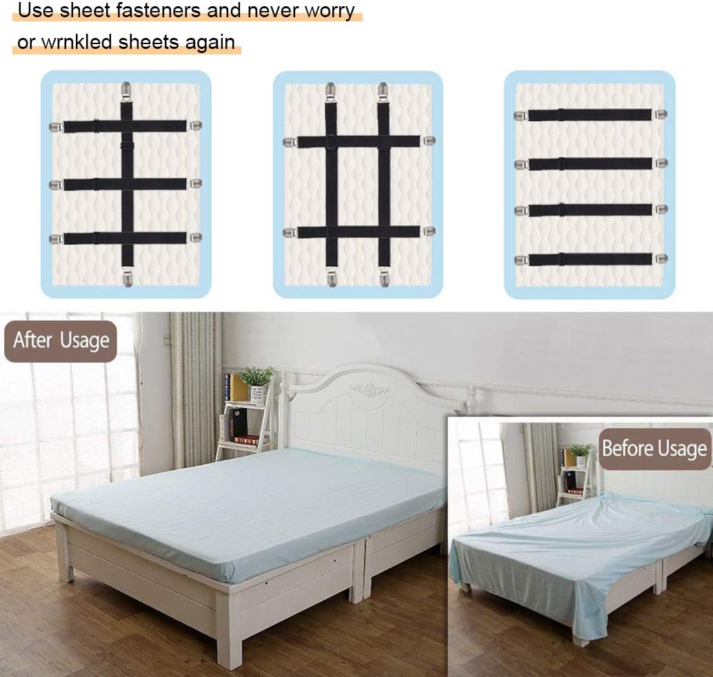 Adjustable Bed Sheet Straps Clips, Elastic Mattress Sheet Fasteners Holder and Suspenders, Grippers to Hold Sheet, Mattress, Sofa, Couch, Table Cloth, Ironing Board Cover, Black