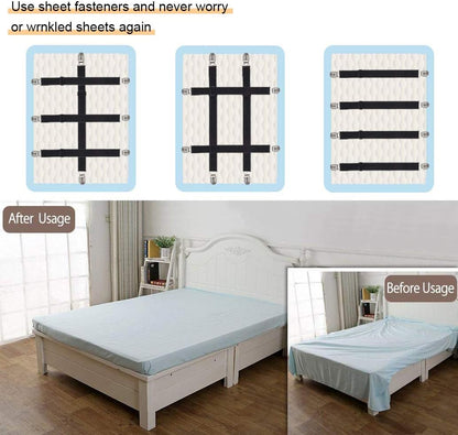 Adjustable Bed Sheet Straps Clips, Elastic Mattress Sheet Fasteners Holder and Suspenders, Grippers to Hold Sheet, Mattress, Sofa, Couch, Table Cloth, Ironing Board Cover, Black