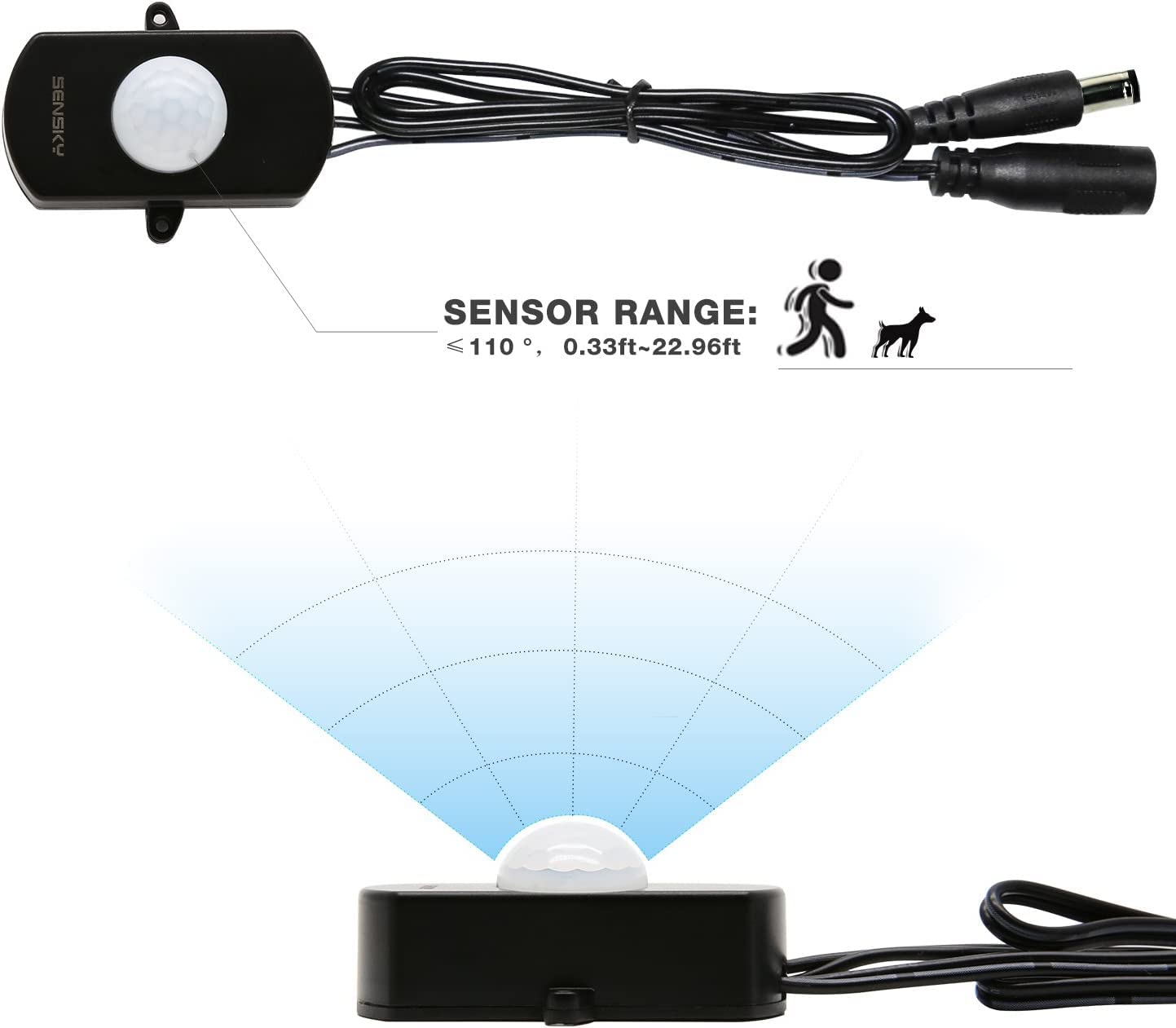 SENSKY BS010L DC 12V to 30V 3A Mini Pir Motion Sensor Switch,Occupancy Sensor Switch for Gun Safe, Kitchen Cabinet, Pantry, Closet led lighting (Black-With Light Sensor)