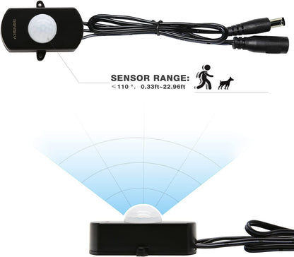 SENSKY BS010L DC 12V to 30V 3A Mini Pir Motion Sensor Switch,Occupancy Sensor Switch for Gun Safe, Kitchen Cabinet, Pantry, Closet led lighting (Black-With Light Sensor)