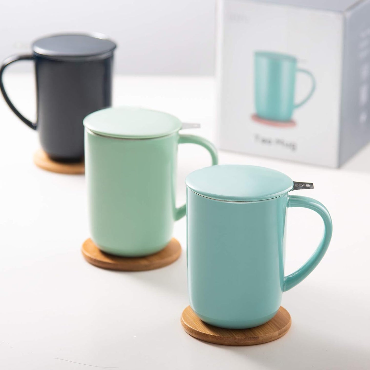CEEFU 16oz Porcelain Tea Mug with Infuser, Lid and Coaster | Teaware with Filter, Loose Leaf Tea Cup Steeper Maker, Tea/Coffee/Milk/Women/Office/Home/Gift, Navy Blue