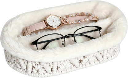 Glasses Holder, Anti-scratch Plush Lined Eyeglass Holder Stand | Oval Eye-glasses Storage Organizer Case for Nightstand, Office Desk, Bedside Table, Beige