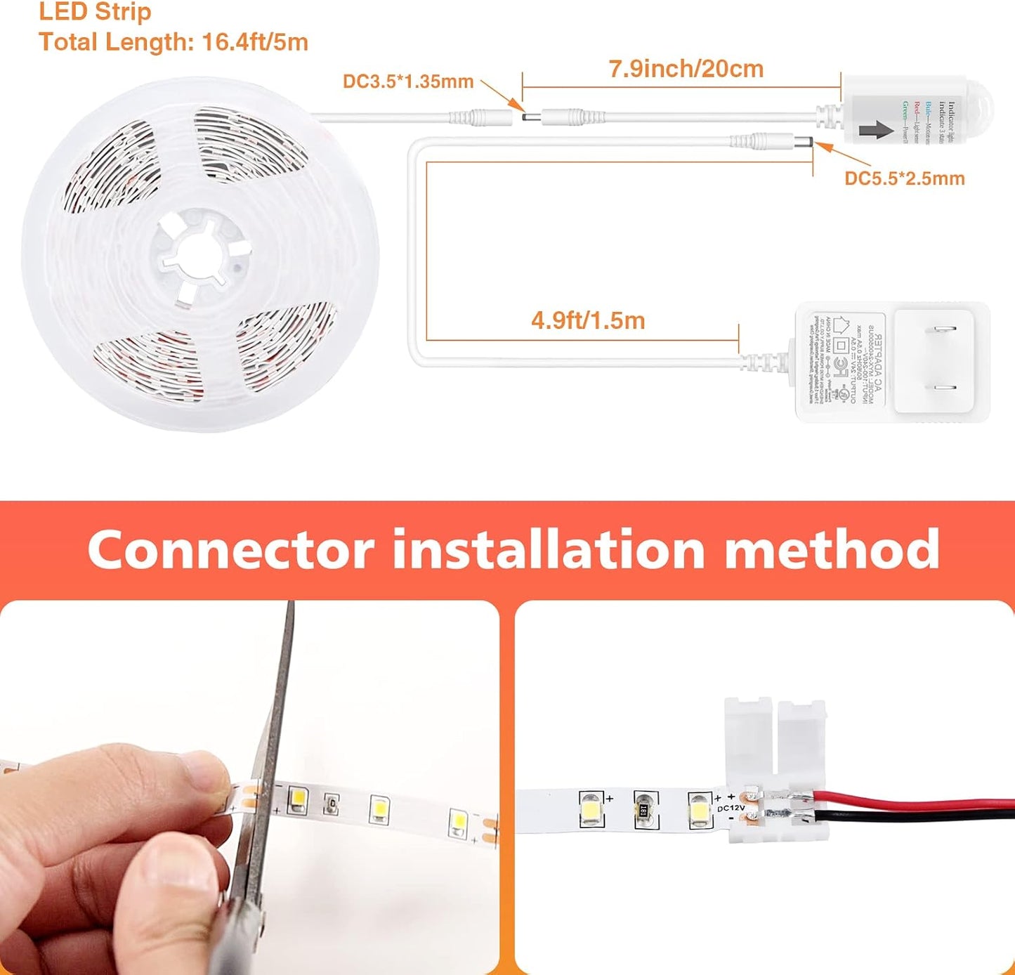 WOBANE 16.4ft Motion Sensor LED Strip with Remote,Warm White Tape Lighting | Dimmable LED Strip Lights for Kitchen, Under Cabinet, Bedroom, Shelf, Bed, PIR Function,Night Light,Adapter,3000K Warm White
