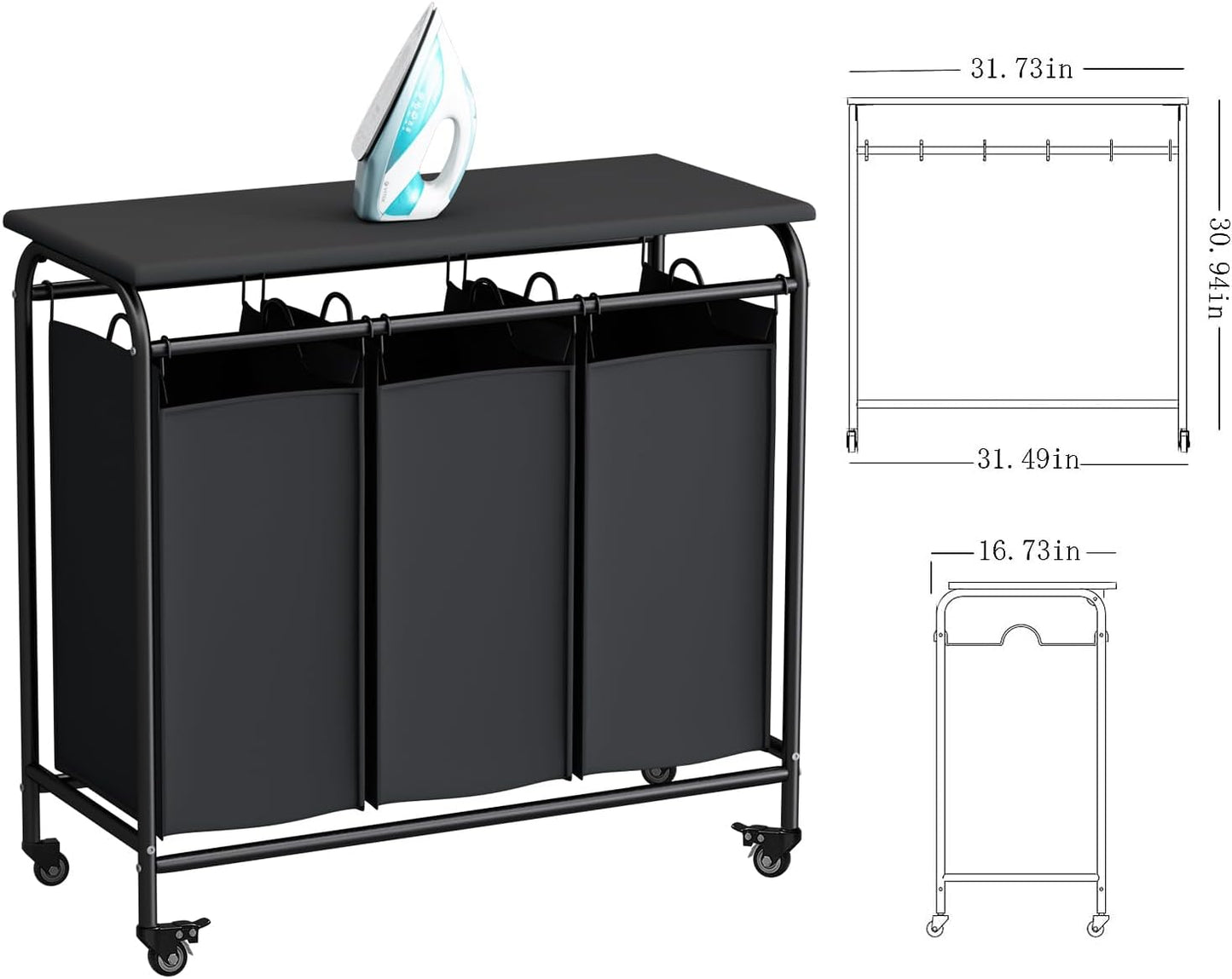 LINZINAR 3 Section Laundry Hamper, Black Laundry Basket 135L Laundry Sorter | Laundry Room Organization with Heavy Duty Rolling Lockable Wheels and Removable Bag, Bedroom Laundry Cart for Clothes Storage