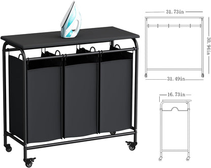 LINZINAR 3 Section Laundry Hamper, Black Laundry Basket 135L Laundry Sorter | Laundry Room Organization with Heavy Duty Rolling Lockable Wheels and Removable Bag, Bedroom Laundry Cart for Clothes Storage