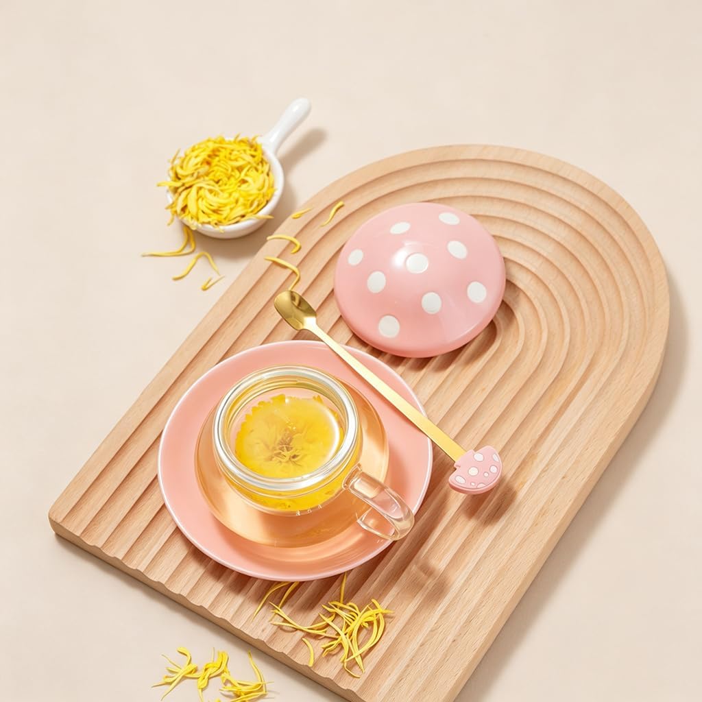 Mushroom Tea Cup Set, Cute Cups Glass Tea Cups with Infuser and Lid, Kawaii Teacup for Loose Leaf Tea Steeper, Coffee Mugs with Saucers, Blooming Tea, Tea Maker Gifts for Women Girls Birthday (Pink)