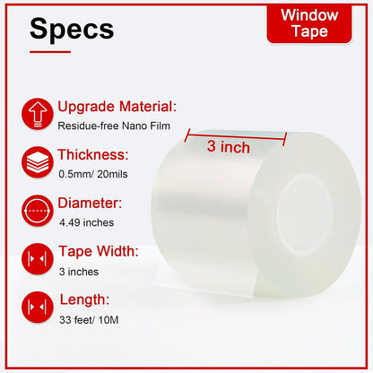 Window Sealing Tape 2 Inch x 33 FT Transparent Window Draft Insulation Residue-Free Clear Weather Stripping Caulk Tape Windproof Weatherproof Window Seal AC Units for Window Glass, Doors Gaps