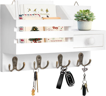 Key Holder Wall Mount, Wooden Key and Mail Organizer, Black | 2 Mount Options, Includes 8 Hooks, Fence Mail Slot, Small Drawer and Shelf, for Entryway, Hallway, Doorway, Living Room, RV