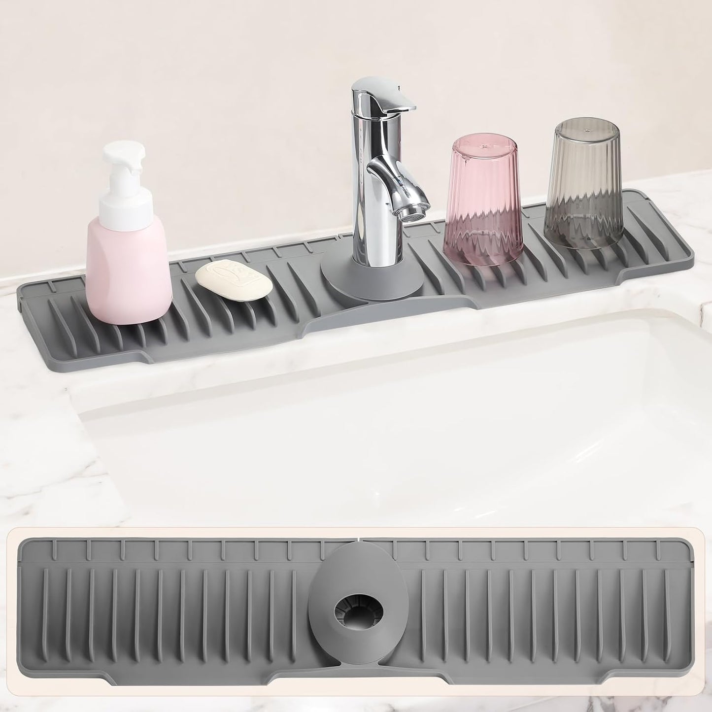 15.75 Inch Kitchen Sink Faucet Mat, Sink Protector&Splash Guard | Silicone, 10°Slope, Fast Self-draining, Snap Lock Fit, for Kitchen and Bathroom Countertop -15.75"x 5.51"