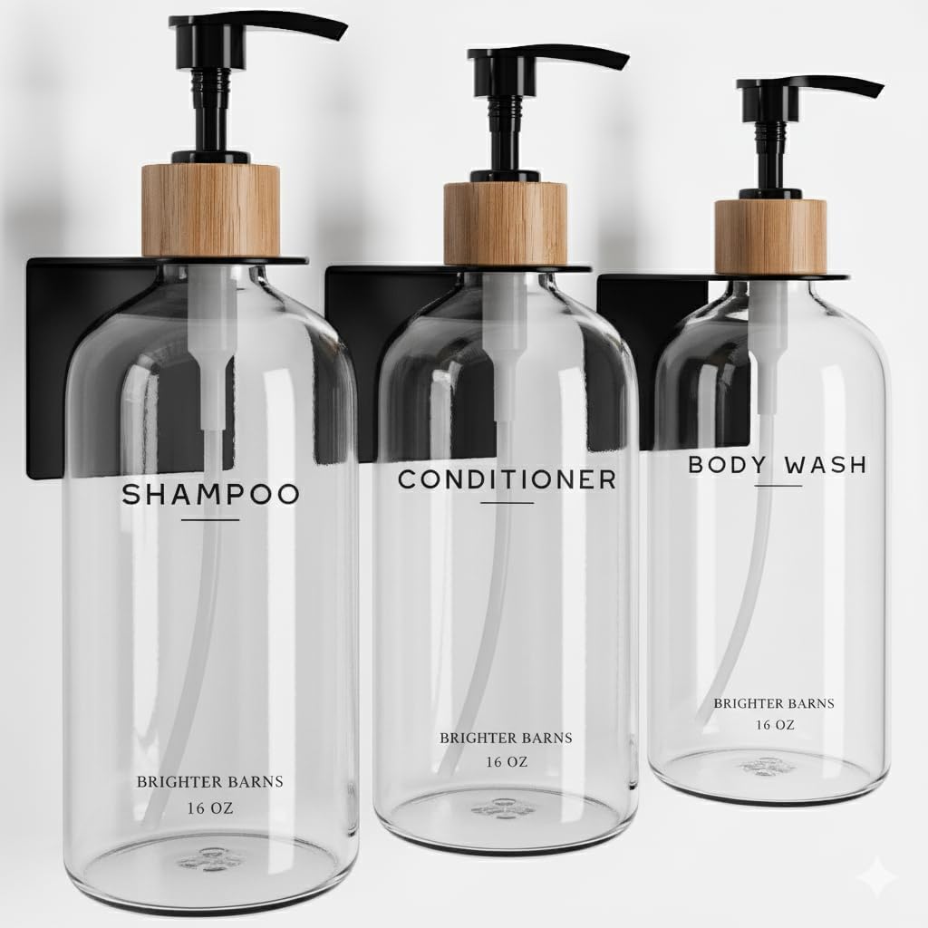 White Shampoo and Conditioner Dispenser Set Wall Mounted by Brighter Barns - Shower Dispenser 3 Chamber No Drill - Refillable Shampoo and Conditioner Bottles for Shower Wall in Airbnb, Hotel (White)