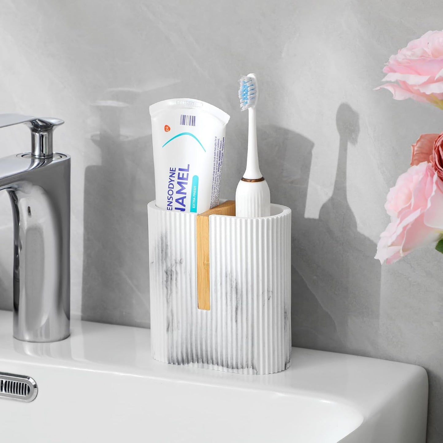 Toothbrush Holders for Bathroom, Bamboo Electric Toothbrush Stand, White | Toothbrush and Toothpaste Organizer for Sink Countertop, Bathroom Storage Stand for Brushing Accessories