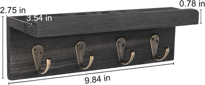 HRONRAD Rustic Key Holder for Wall, Farmhouse Wall Shelf with 4 Hooks, Wall Mounted Key Racks, Wooden Mail Organizer with Hooks for Entryway (Brown - Pine)