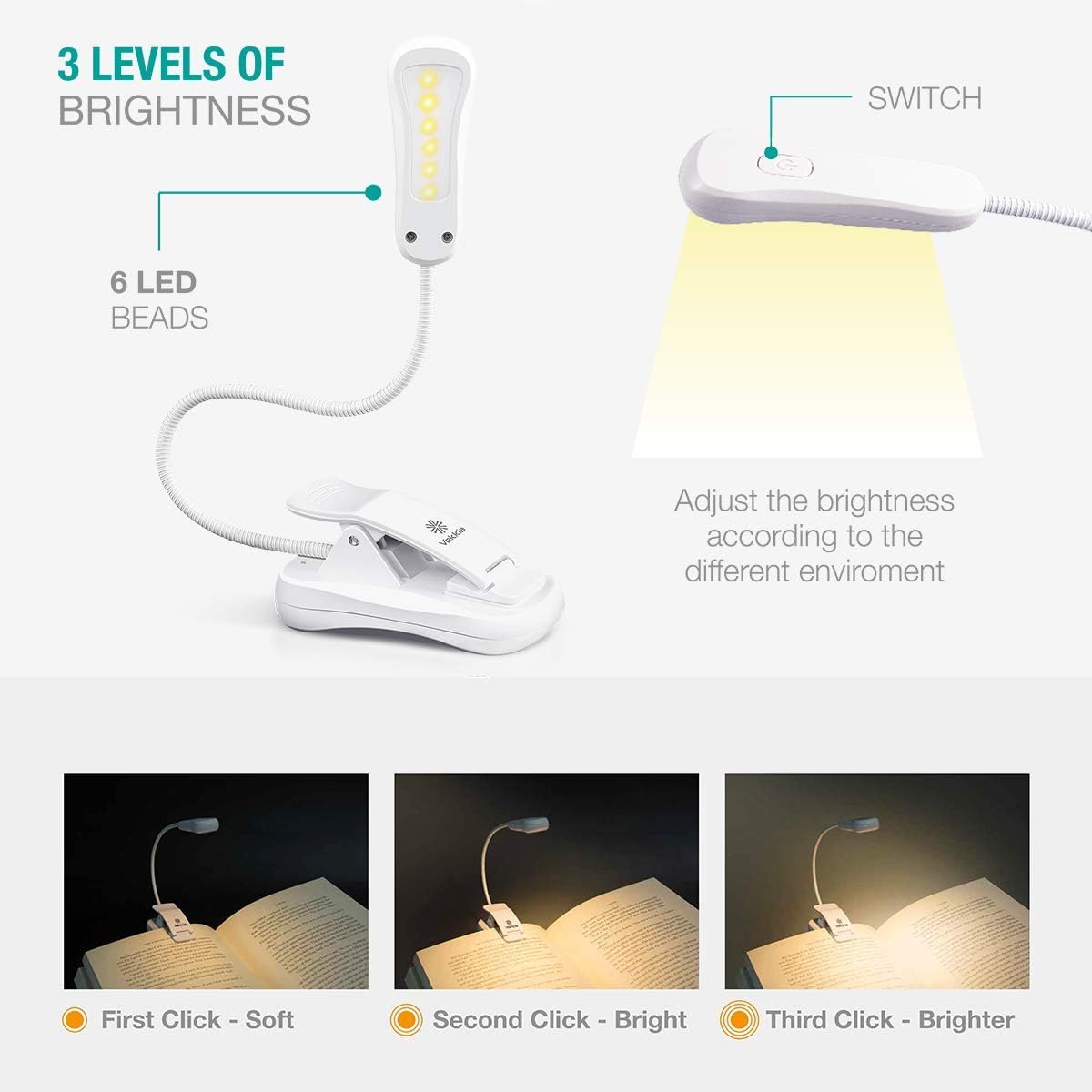 Vekkia 3000K Warm LED Rechargeable Book Light