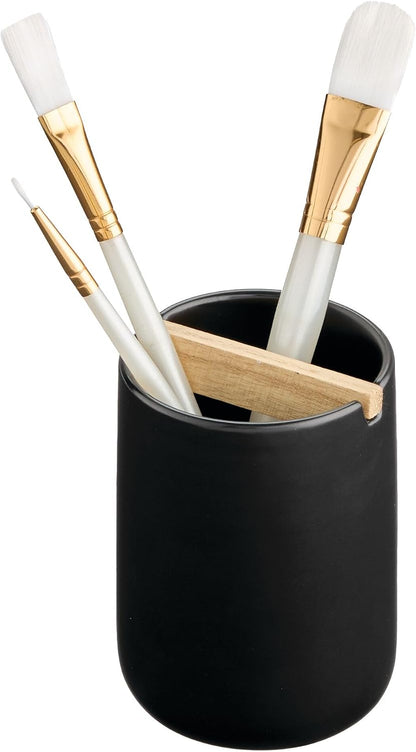 iDesign Ceramic Earth Collection Toothbrush Holder, Moss/Natural Wood | Paulownia Wood Divider