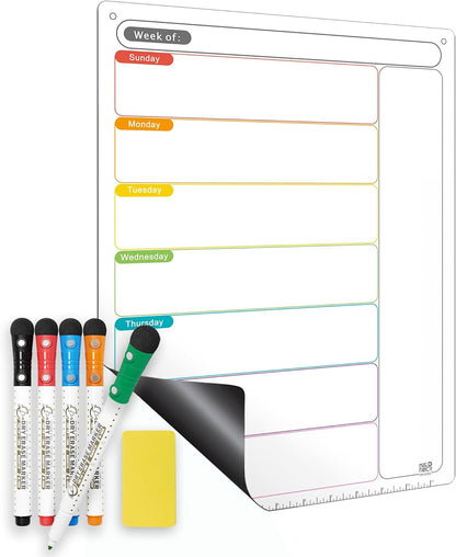 Magnetic Calendar for Fridge, Dry Erase Weekly Planner, 13" x 16.9" | Strong Magnetic Hold, Vertical Weekly Layout, Large Daily Spaces, Easy to Clean, Color-Coded, Dual-Magnet Markers & Eraser