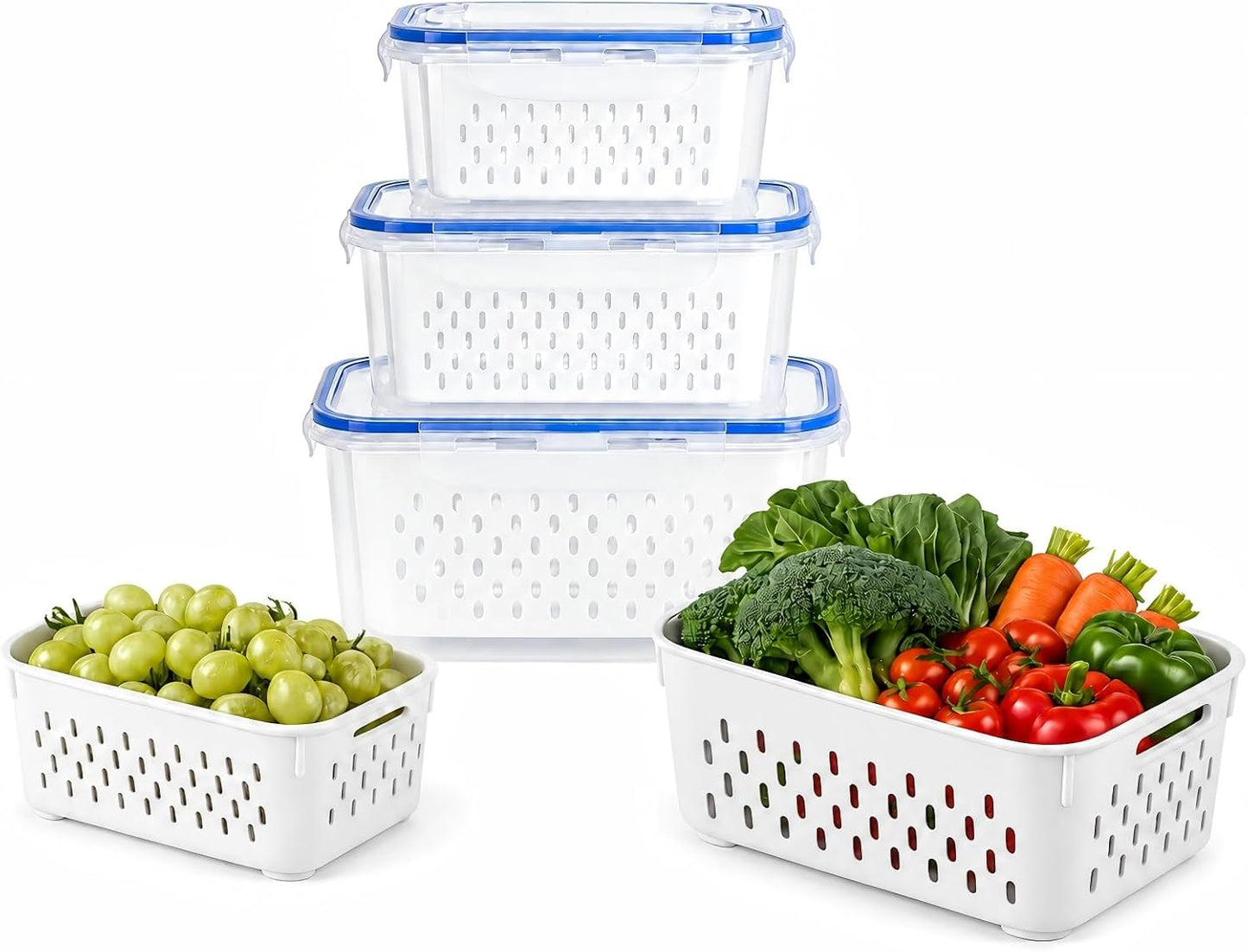 3 Pcs Fruit Storage Containers for Fridge, Produce Storage Containers with Removable Colander Basket & Airtight Lid,food storage containers, for Fruits, Vegetables & Meat