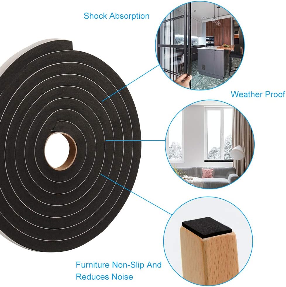 2 Rolls Foam Seal Tape for Door Window Insulation, Soundproof and Shockproof Foam Adhensive Strip, 3/8" Wx3/16 T Single Sided Foam Tape, Cold Air and Draft Closed Cell Seal Strip,Total 32FT