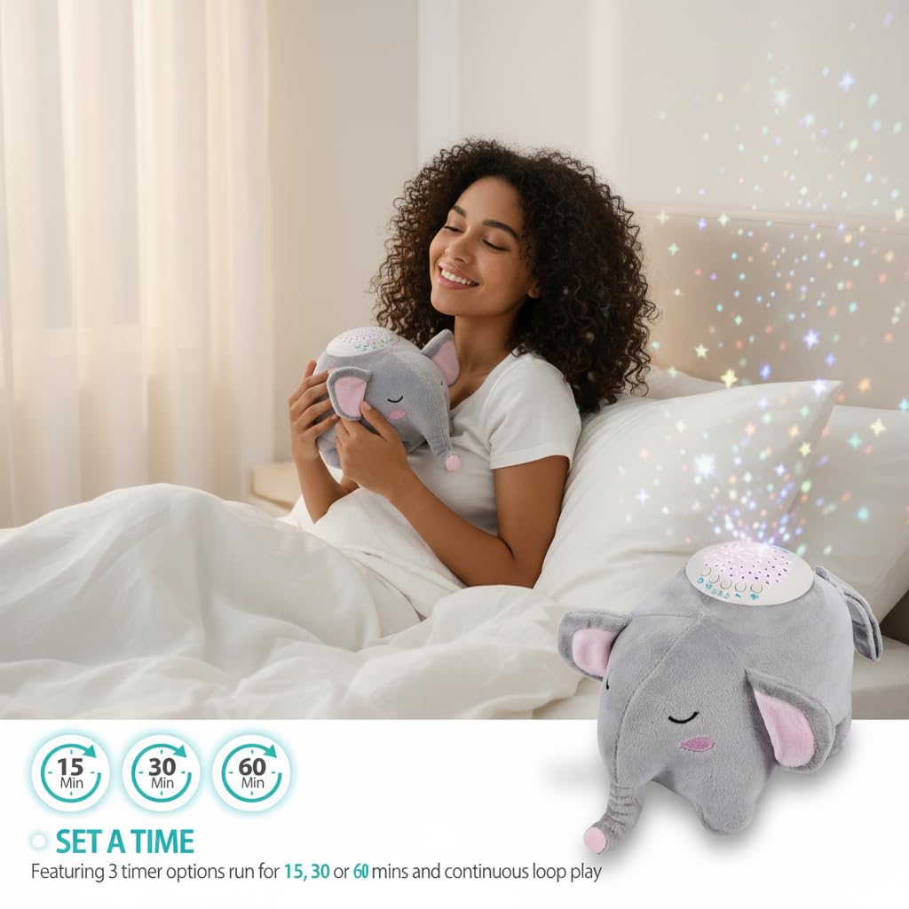 BEREST A13 White Noise Machine & Baby Sleep Soother with 15 Soothing Sounds & Projector Night Light Music Box, Cry Sensor, Rechargeable, Portable for Newborns, Toddlers, Attaches to Crib