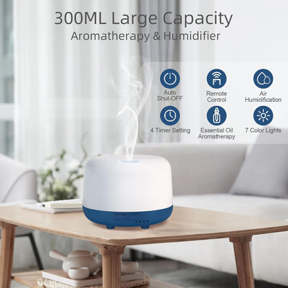 300ML Essential Oil Diffuser, Remote Control Ultrasonic Aromatherapy Oil Diffusers Cool Mist Humidifier, Waterless Auto-Off and 7 LED Light Colors for Bedroom, Yoga, SPA, Baby