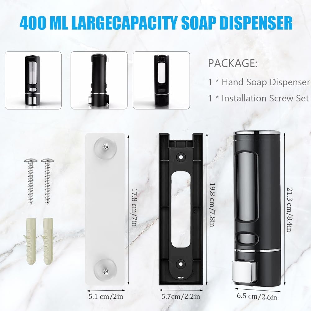 Single Wall Mounted Hand Soap Dispenser, 13.5oz/400ml Black Showe | Clear Refillable Liquid Lotion Soap Dispenser, Gel Container Shower Pump Dispenser and Organizer for Bathroom Kitchen