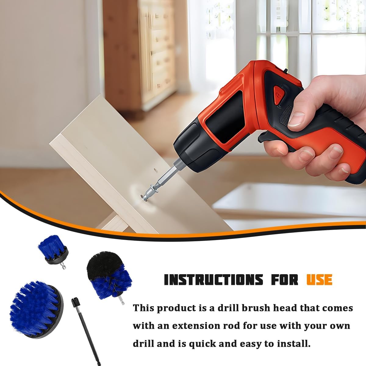 4PCS Drill Brush Attachment Kit with Extension Rod, Red | PP bristles with steel shafts, three brush sizes, quick-change extension rod, follows curved surfaces, compact storage