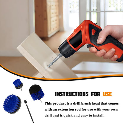 4PCS Drill Brush Attachment Kit with Extension Rod, Red | PP bristles with steel shafts, three brush sizes, quick-change extension rod, follows curved surfaces, compact storage