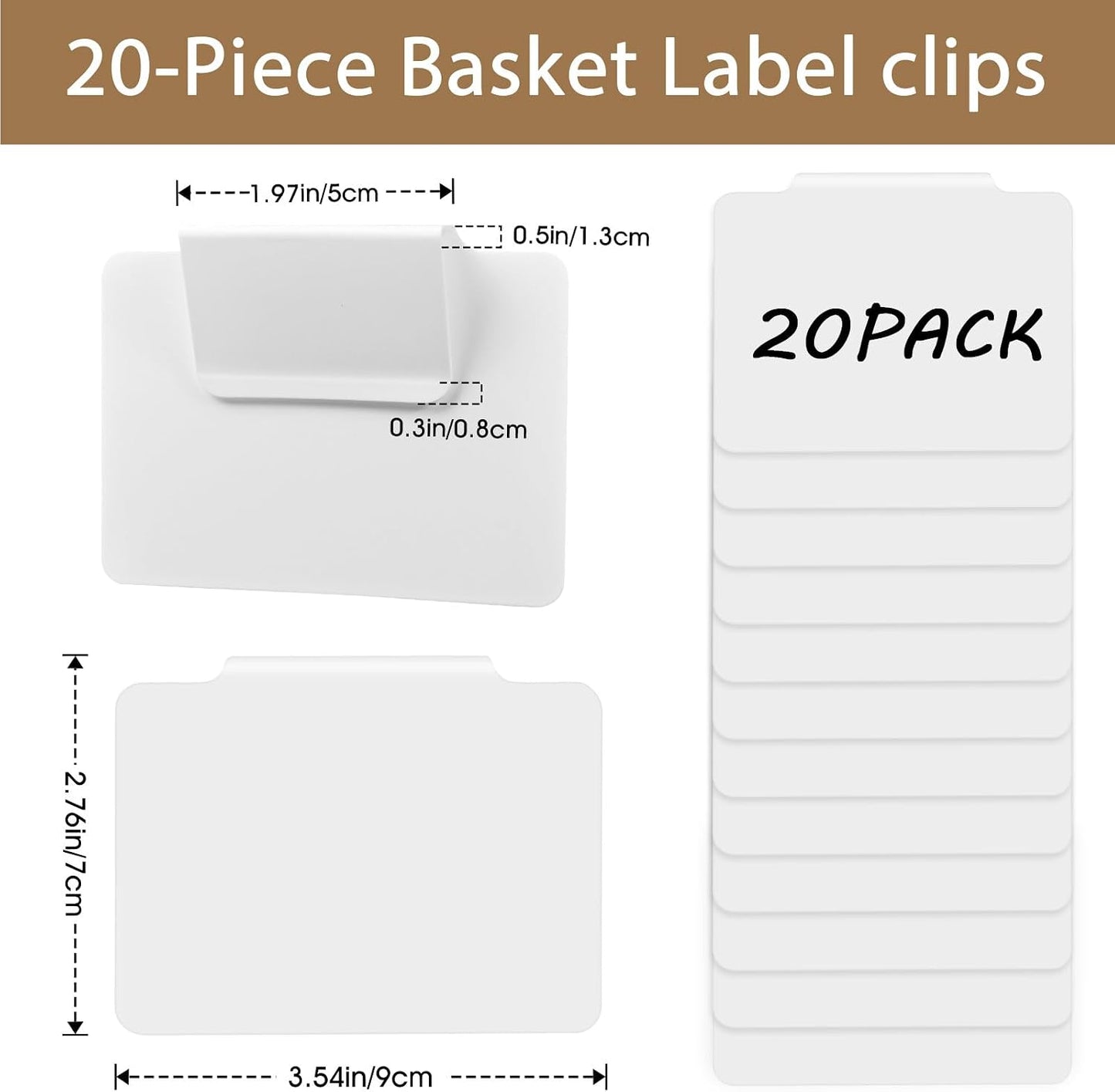 12pcs White Basket Labels Removable PVC Labels | Clip On for Storage Bins, Removable PVC Labels for Baskets with Holders, 3.5x2.7 Inches
