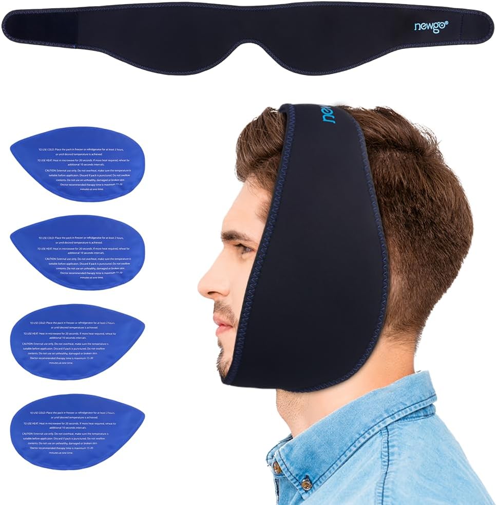 NEWGO Wisdom Teeth Ice Pack Head Wrap for Face Oral Surgery, FSA Eligible | Face Ice Pack with 4 Hot Cold Gel Pack for TMJ, Tooth Extraction, Tonsillectomy Recovery