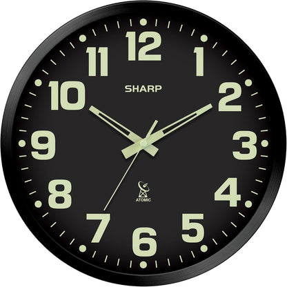 Sharp 12-Inch Atomic Wall Clock, Battery Operated, White with Black Frame | Self-setting atomic time; Easy-read analog face; Automatic time adjustment; Simple setup; Versatile home or office style