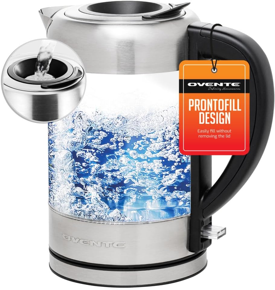 OVENTE 1.8L Glass Electric Kettle Water Boiler, Silver KG751S | 1500W Fast Boiling, Easy Fill Lid, Borosilicate Glass, BPA-Free, Blue LED, Auto Shut-Off, Boil-Dry Protection, Cordless