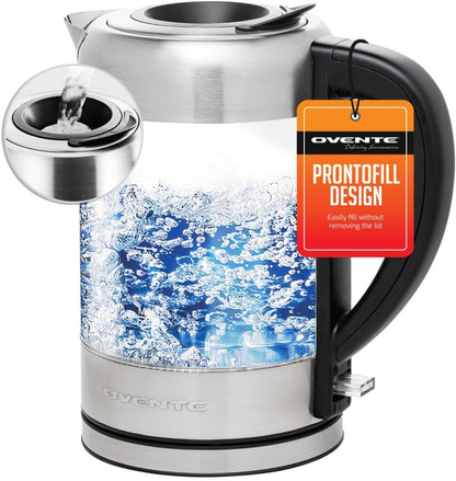 OVENTE 1.8L Glass Electric Kettle Water Boiler, Silver KG751S | 1500W Fast Boiling, Easy Fill Lid, Borosilicate Glass, BPA-Free, Blue LED, Auto Shut-Off, Boil-Dry Protection, Cordless