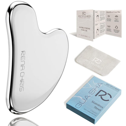 Rena Chris Gua Sha Facial Tools, Stainless Steel Guasha Tool for Acupuncture, Manual Massage Tool for Jawline Sculpting and Puffiness Reducing, Gua Sha Facial Massage Tool, Skin-Care Gift (Silver) | Face Massage Tool for Jawline Sculpting, Puffiness