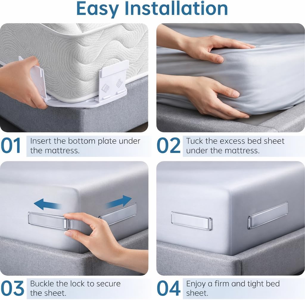 Bed Sheet Holders for Corners, Upgrade Bed Sheet Grippers Locks, 4PCS Fitted Sheet Holder Keep Sheets Firm & Tight, Non-Slip Sheet Clips for Fitted Sheets, Fit All Mattress Easy Install
