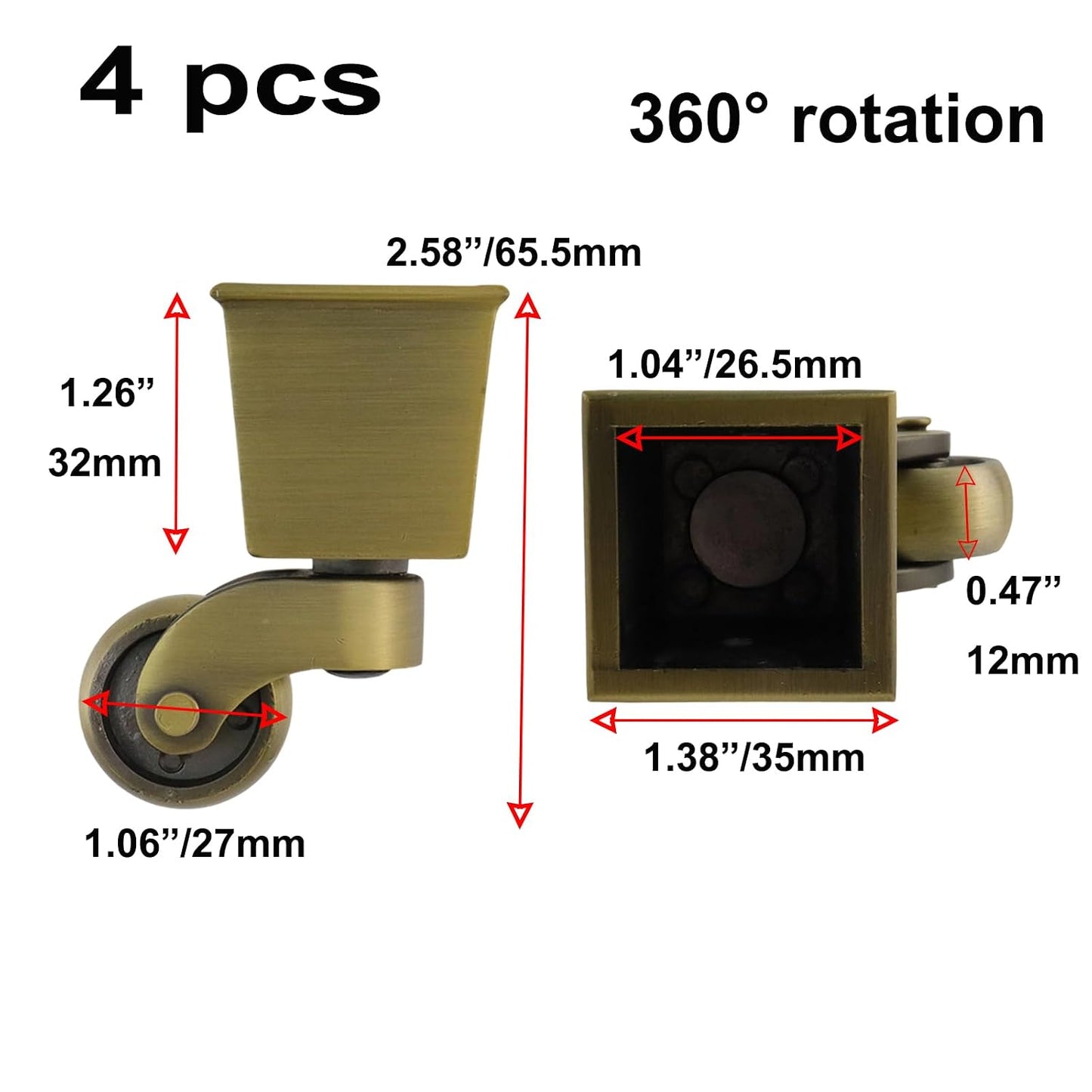 Semetall 4PCS Swivel Caster Wheels Square Cup Furniture Castors (Bronze) | 150kg Load Capacity, with Screws for Piano Feet, Sofa, Table, 1.02 Inch (26mm) Wheels